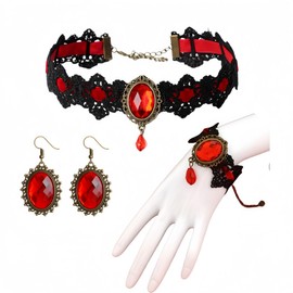 Hopodix Royal Court style Ruby black lace Goth accessories with Gothic costume for women Victorian Vampire Accessories