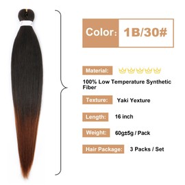 Natural Black to Brown Ombre Braiding Hair Pre Stretched 16 Inch 3 Packs 1B/30# Pre-stretched Braiding Hair EZ Braid Synthetic Hair Extensions for Crochet Box Braids