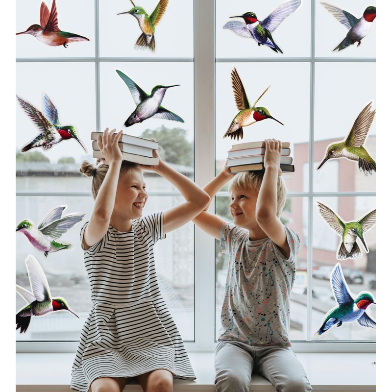 Iconikal 24-Count Large 6-inch Static Cling Window Decorations, Hummingbirds Flying