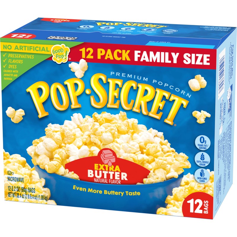 Pop Secret Popcorn, Extra Butter, 3.2 Oz Bags, 12 Ct