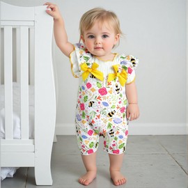XIXIMAON Infant Baby Girl Summer Romper Short Sleeve Floral Bee Print Bow Jumpsuit Cute Newborn Clothes One Piece Bodysuit (Yellow, 9-12 Months)