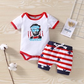 Ritatte Baby Boy 4th of July Shorts Set Short Sleeve Romper Vest Top Stars Stripe Shorts 2Pcs American Flag Summer Outfits(Red-stars, 6-9 M(80))