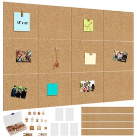 Aodaer 12 Pack Cork Boards 48" x 36" Thick Bulletin Board Tiles with 4 Frameless Cork Strips Pin Board Bar Strips with Push Pins Clips for Office School Home Walls