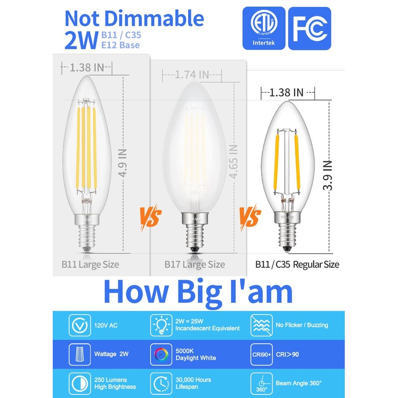 CRLight LED Candelabra Bulb 5000K Daylight White, 25W Equivalent 250