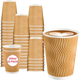 pafnisoin Paper Coffee Cups, Pack of 20, Paper Cups, 300 ml, Disposable Cups, Paper Cups, Coffee Cups, Drinking Cups (Brown)