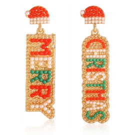 ATIMIGO Merry Christmas Letter Sign Beaded Pearl Drop Dangle Earrings Statement Colorful Seed Christmas Decor Dangling Earrings For Women Xmas Holiday Festive