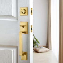 dairazan Modern Satin-Brass Front Door-Handle - Entry Door Lock with Single Cylinder Deadbolt,Exterior Door Lever Set 3 Keys,Reversible for Left and Right Hand Door