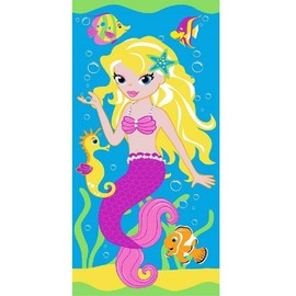Kids Toddlers Childrens Beach Bath Swimming Pool Holiday Towel Mermaid Seahorse Fish design 100% Cotton for Girls 70cm x 140cm