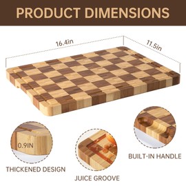 THETCHRY Bamboo Cutting Boards for Kitchen, End Grain Chopping Board with Juice Grooves & Handles, Checkered Wood Cutting Board, Thick Butcher Block Serving Tray with Gift Box, 11.5"×16.5"× 1"