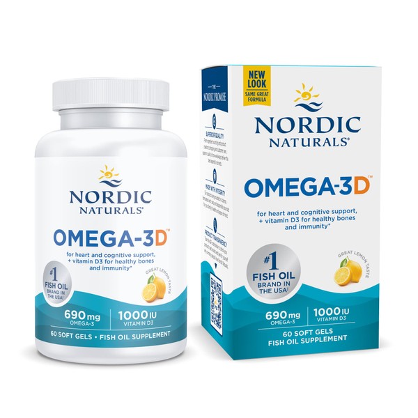 Nordic Naturals Omega-3D, Lemon Flavor - 60 Soft Gels - 690 mg Omega-3 + 1000 IU Vitamin D3 - Fish Oil - EPA & DHA - Immune Support, Brain & Heart Health, Healthy Bones - Non-GMO - 30