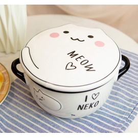 Ebros Pack Of 2 Stoneware Porcelain Cartoon Anime Maneki Neko Cat Noodle Miso Soup Rice Dessert Food Bowls With Lid And Side Handles 25Oz Kids Children Dining Bowl Servewares (White Pink Blushes Neko)