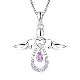 FJ Women’s Chain Guardian Angel Pendant Necklace in 925 Sterling Silver, Angel Chain with Cubic Zirconia Birthstone, Jewellery Gifts for Women and Girls