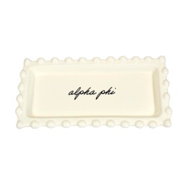 Sorority Shop Alpha Phi Jewelry Dish - Rectangular Gloss Finish Ceramic tray with Sorority Name in Cursive Script, Multi-Function Ceramic Ring Dish, Ideal for Jewelry and Keys