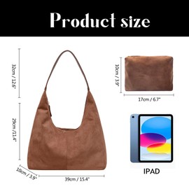 Suede Leather Tote and Hobo Bags for Women Large Soft Shoulder Bags Handbag Faux Suede Zipper Work Bag with Pouch 2pcs (Black)
