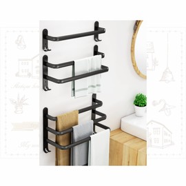 Kizuna Series Towel Hanger, Won't Damage Walls, 11.8 inches (30 cm), Black, Aluminum, 2 Tiers, Plasterboard Compatible, Stapler, No Construction Required