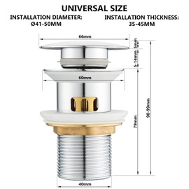 kelleria Drain Fitting Sink with Overflow, Pop-Up Valve Drain Set, Universal 1 1/4 Inch Drain Valve for Washbasins and Washbasins of All Kinds, Includes 3 Seals, Chrome, Brass