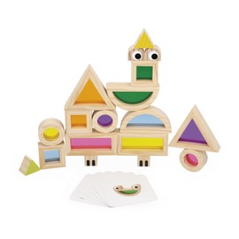 Janod J05306 Wooden Block for Building Game to Promote Sense Perception, 18 Blocks and 6 Model Cards, Learning Shapes and Colours, Develops Fine Motor Skills from 12 Months