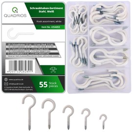 QUADRIOS Screw Hook Set, 55 Robust Hook Screws with Thread Made of Coated Steel for Indoor and Outdoor Use, Ceiling Hooks, Wall Hooks, Mounting Hooks, White