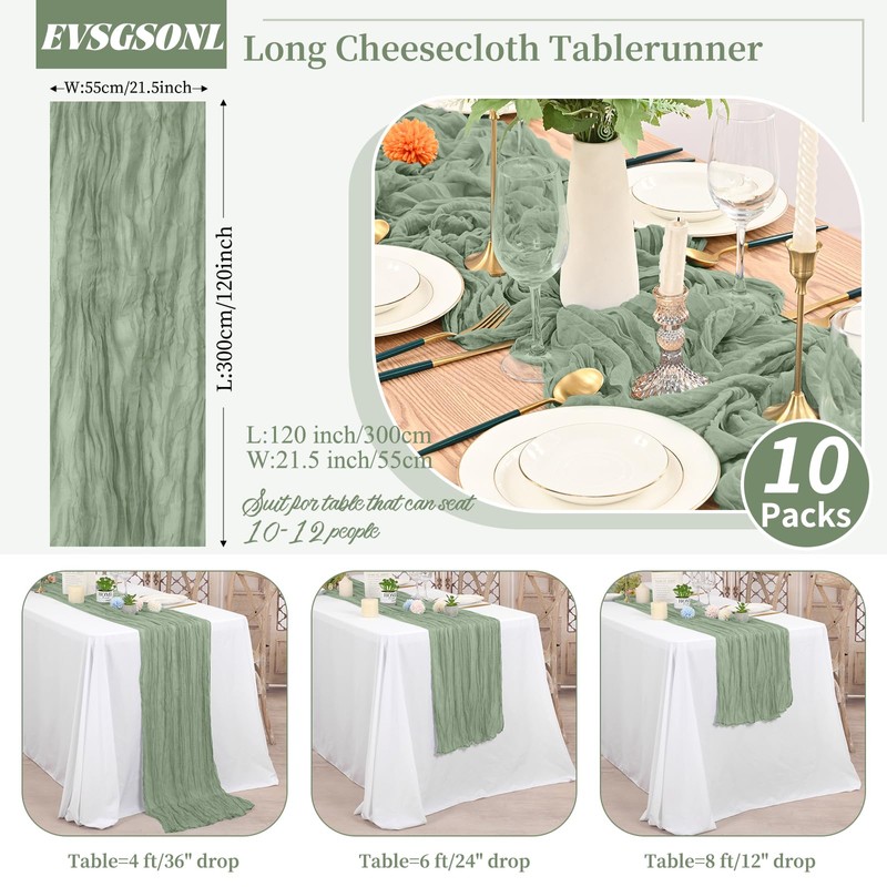EVSGSONL 10 Pack Cheesecloth Table Runner Sage Green,10 ft Gauze
