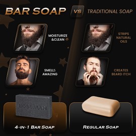 Bossman Men’s Bar Soap 4-in-1 – Natural Organic Beard Wash, Shampoo, Body Wash, Shaving and Bath Soap - Essential Beard Care (4oz), Scent- Eucalyptus and Tea Tree (1)