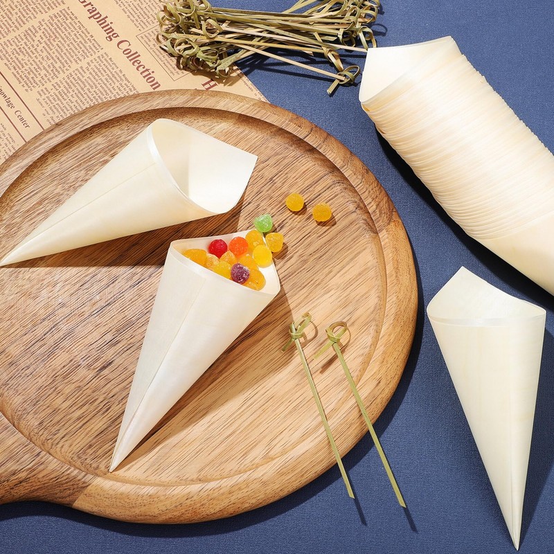 DEARMAMY 100 Pcs Disposable Wooden Cone Tasting Serving Wooden Cones