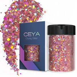 Ceya Holographic Chunky Glitter, 4.9oz/ 140g Pink Mauve Craft Glitter Powder Mixed Fine Flakes Iridescent Nail Sequins for Nail Art, Hair, Epoxy Resin, Tumblers, Slime, Painting, Festival Decor