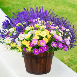 ASTRYAS 21 Bundles Artificial Flowers Outdoor, Faux Artificial Plants UV Resistant Plastic Flower Bulk for Hanging Planter Porch Window Home Wedding Fall Summer Decor(Purple/Yellow/White)