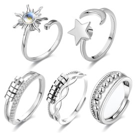 SSKHE 5PCS Anxiety Ring for Women, Silver Fidget Ring for Teen Girls, Adjustable Open Spinner Rings for Anxiety Women Daughter, Butterfly Moon and Star Adjustable Ring for Men Birthday Party Gifts