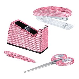 Office Stationery Set,Desk Accessory Kit, Home Office Necessary- Stapler & Desktop Tape Dispenser & Ballpoint Pens & Scissor 4 Piece Office Desk Accessories Kits(Pink)