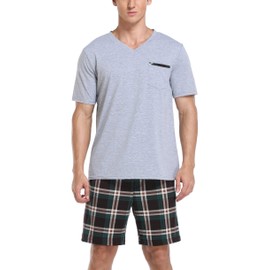 Vlazom Men's Pyjamas Set Short Sleeve Soft Pj's Top and Plaid Shorts for Sleepwear Loungewear with Pockets Brown, S