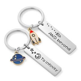 2pcs Couples Keychain– To Infinity and Beyond Keychains Pair with Planet or Rocket Charms, Bag Charm Gift for Him and Her Anniversary Valentine’s Day