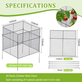 Yaocom 20 Packs Wire Plant Protector from Animals Heavy Duty Metal Mesh Plant Cage Large Wire Plant Cage for Plants 13.6 x 13.6 Inch Chicken Wire Cloche Bunny Barricades for Vegetables Garden(Black)