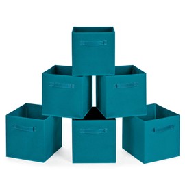 MaidMAX Cloth Storage Bins, Set of 6 Foldable Collapsible Fabric Cubes Organizers Basket with Dual Handles for Gift, Teal