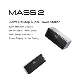MASS2 200 W Desktop Super Power Station, 200 W Output, 6 USB-C Ports, App Control, Smart Power Allocation, Screen Display, Active Cooling