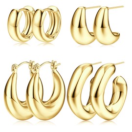 Thunaraz Gold Chunky Hoop Earrings Set for Women,14K Gold Plated Huggie Hoop Earrings Hypoallergenic Open Twisted Chunky Thick Jewelry for Multiple Piercing Gold Hoops Earrings for Gifts Gold 3