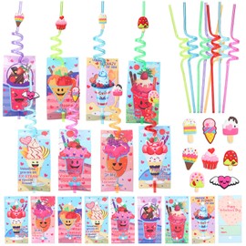32 Pack Valentines Day Cards for Kids - Includes Valentines Greeting Cards (8 Designs) - Colorful Crazy Loops Reusable Drinking Straws - Straw Decor