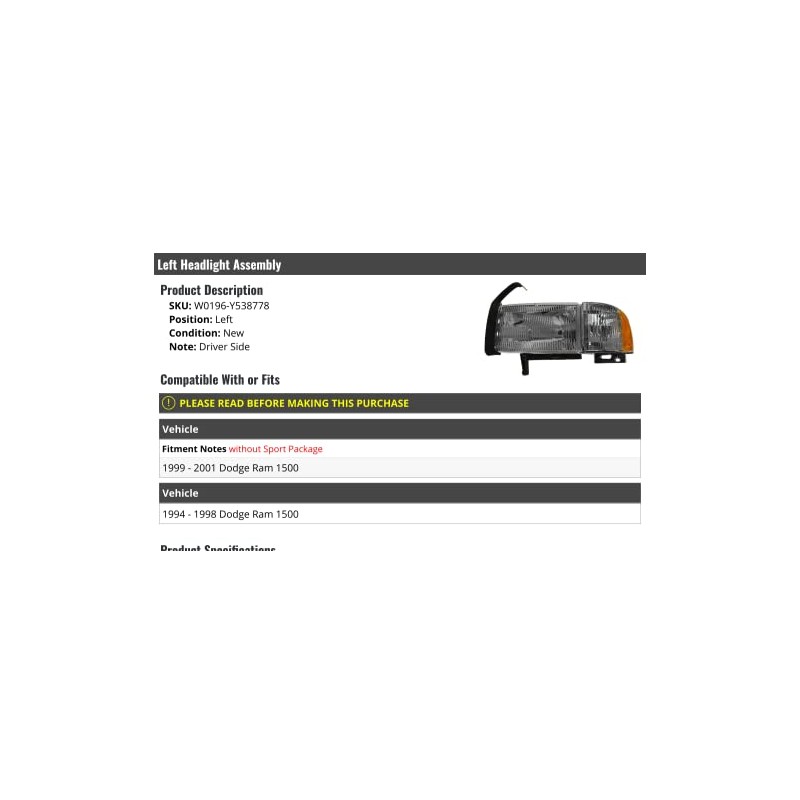 Left Driver Side Headlight Assembly - Compatible with 1994-2001 Dodge