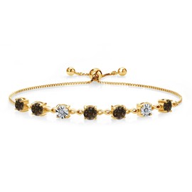 Gem Stone King 2.51 Ct Round Brown Smoky Quartz 18K Yellow Gold Plated Silver Lab Grown Diamond Tennis Bracelet For Women (Fully Adjustable Up to 9 Inch)