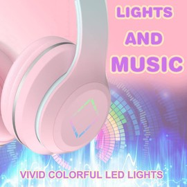 Usoun Kids Headphones,Cat Ear Led Light Bluetooth Kids Headphones with Mic,Girls Headphones Wireless,TF Card,3.5mm Audio,Wireless/Wired Foldable Kids On Ear Headphones for Boys Girls Adults (Pink)