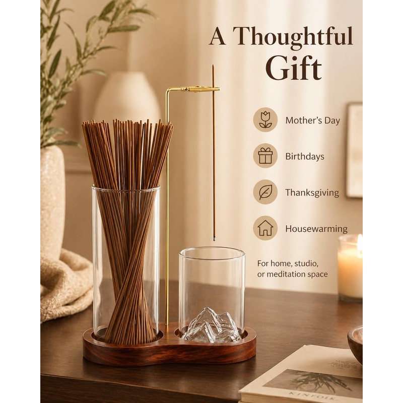 2-in-1 Walnut Wood Glass Incense Holder for Sticks, Anti-Ash Flying