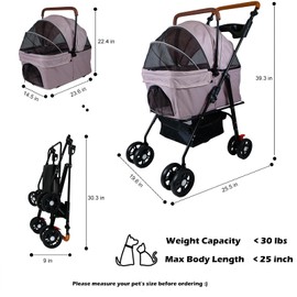 Pet Stroller with Storage Basket and Cup Holder, Folding Dog Stroller, Foldable Cat Stroller, 4 Wheels Puppy Kitten Cat Dog Cart, Breathable Mesh for Medium Dog Cat (Pink)