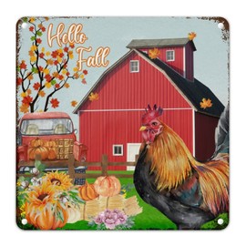 Retro Wall Decoration Plaques Farm Barn Sunflower Red Truck Hello Fall Chicken Men Cave Signs First Thanksgiving Wall Art Decor Metal Sign Farmhouse Autumn Art Sign for Yard Garage Garden 10x10in