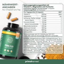 Primal Harvest® Joint Aktiv Plus – 60 high-dose and laboratory-tested capsules with magnesium and vitamin C for normal function of the bones – Ayurveda-inspired – hyaluronic acid, collagen