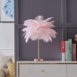 KunMai Pink Feather Table Lamp with Plug in Wire Modern Feather Lamp 3-Light Bedside Table Lamp for Bedroom in Gold (Pink)