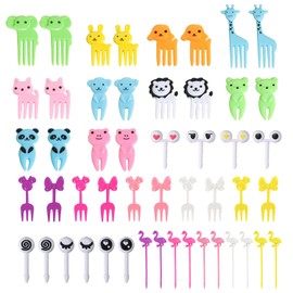 SYEYCW 50 Pcs Food Picks, Plastic Fruit Fork with Animal Decor, Mini Cartoon Bento Fruit Forks Toothpicks, Reusable Vegetable Salad Toothpick, for Dessert Party Decor Bento Lunch Box (Random Colors)