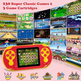 16 Bit Handheld Game for Kids, Video Game Player with Built in 230 HD Games, 3.0'' Screen Retro Electronic Machine with 3 Cartridges, Portable Rechargeable Games for Ages 3-12 (Red)