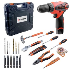 33 Picce Orange Tool Kit with 12V Cordless Drill, Tool Box with Drill, Hand Drill Set for Men Women, Home Tool Kits for House Repair, Handyman, DIY