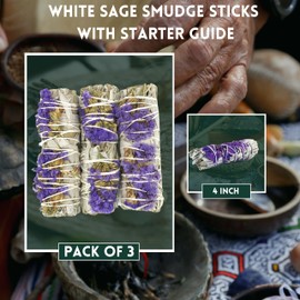 Purple Daze Organic White Sage Smudge Sticks with Flowers for Cleansing Home, Meditation, Yoga, Healing and Smudging | Sustainably Sourced California White Sage Bundles (3 Pack - 4 Inch)