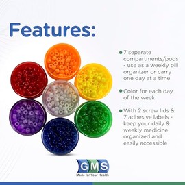GMS 7 organizadores apilables de píldoras con 2 tapas y etiquetas adhesivas de 7 días para organizar vitaminas, suplementos y medicamentos (arco iris 