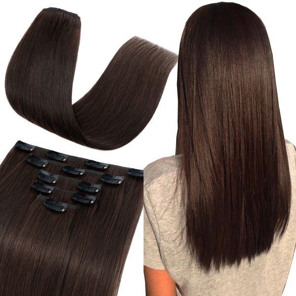 S-noilite Clip-In Real Hair Extensions, #2 Dark Brown, 100% Remy Real Hair, 5 Wefts, 12 Clips, Real Hair, Remy Natural for Thin Hair, 45 cm (70 g)
